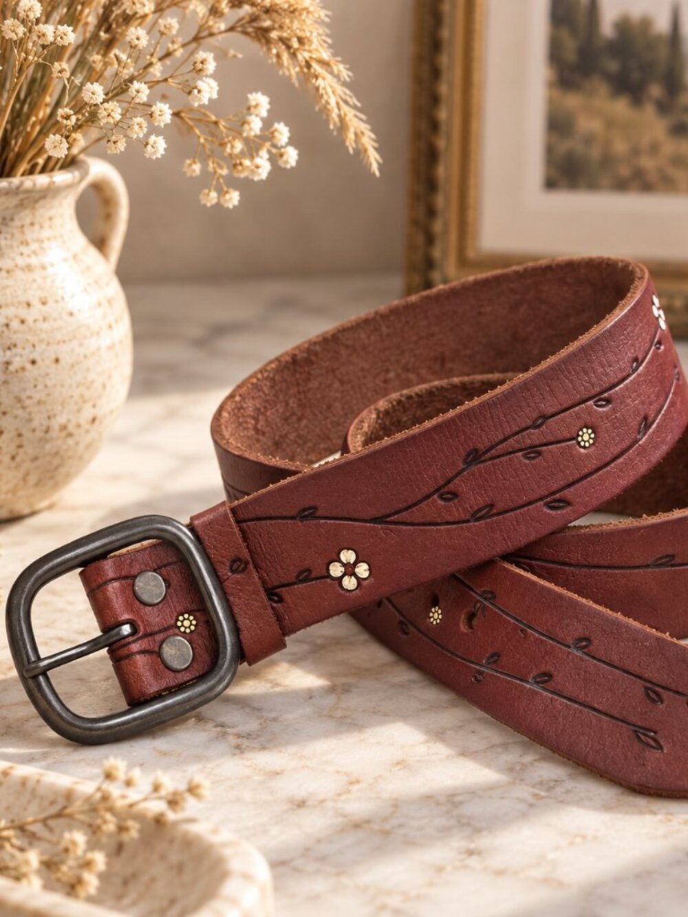 Gap Genuine Leather Belt Women S Brown Floral Vine Boho Western